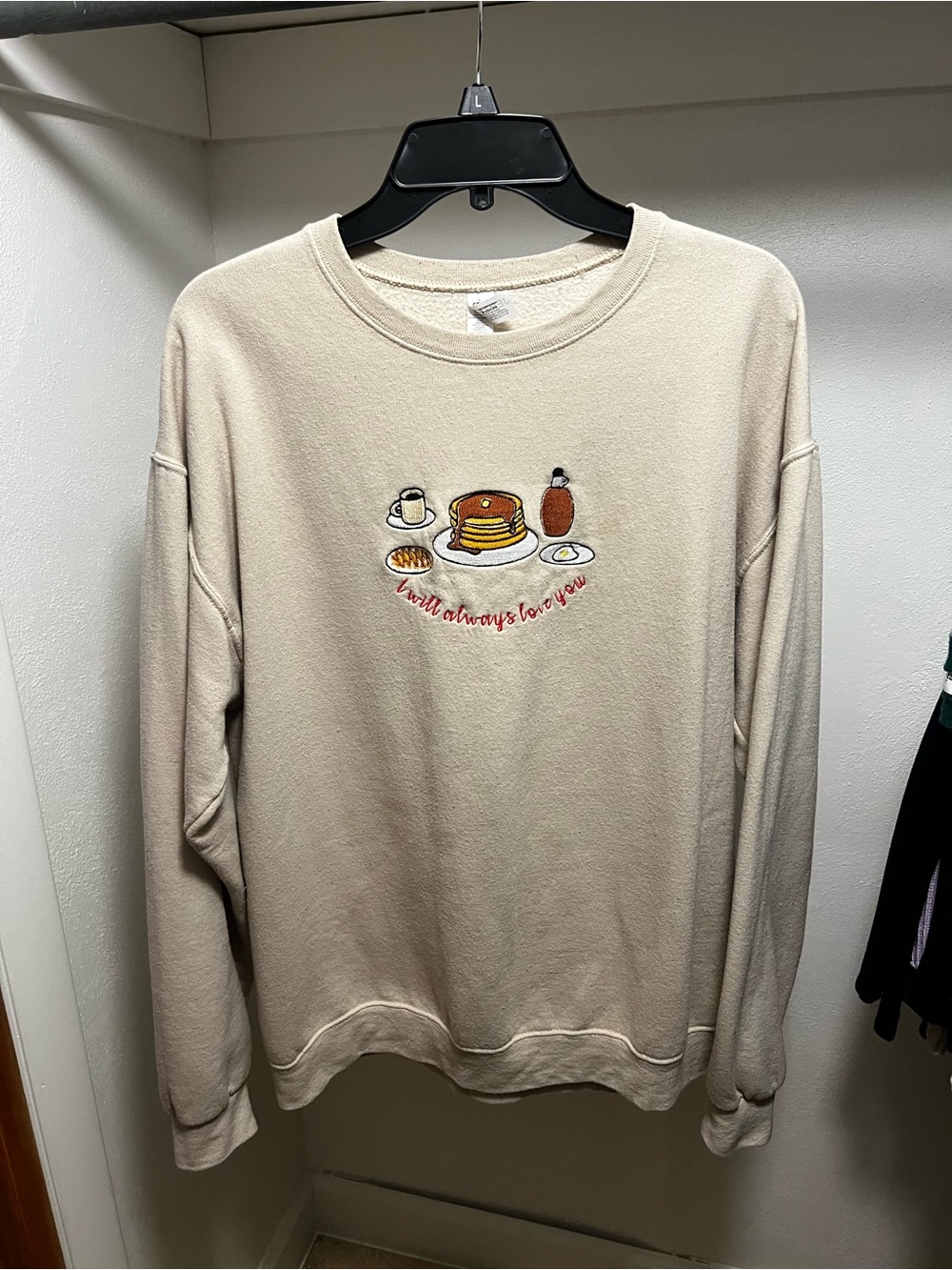 Cream Crewneck Sweater with Pancake Graphic
